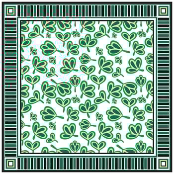 Square print scarf, pattern of green shamrocks on a white background, framed by a decorative black and white border. vector