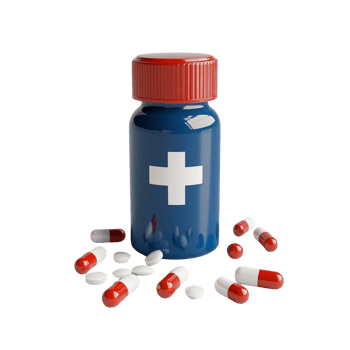 Medicine bottle with red and white pills scattered around png
