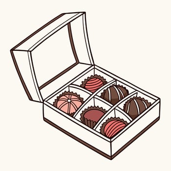 Chocolate box for Valentine's Day and Birthday in the shape of a heart with chocolates inside. Illustrations for holidays and romantic design. Suitable for logos, valentines,greeting card, invitation vector