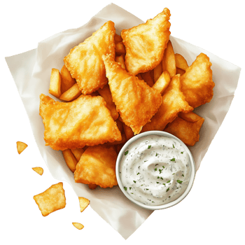 Crispy fish and chips served with a side of creamy tartar sauce for a delicious meal png