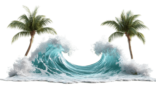 Tropical Paradise Wave Crashing Against Palm Trees png