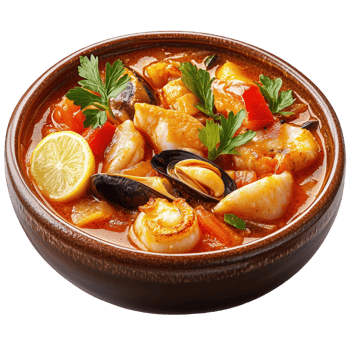 Delicious seafood stew with fresh ingredients served in a rustic bowl png