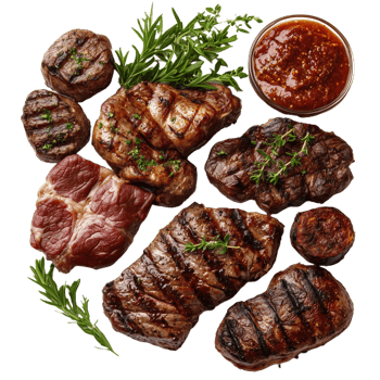 Grilled morso beef cuts garnished with herbs and sauce on a serving platter png