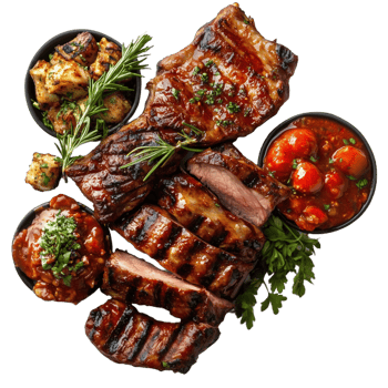 Delicious grilled morsero served with fresh sides and vibrant sauces png