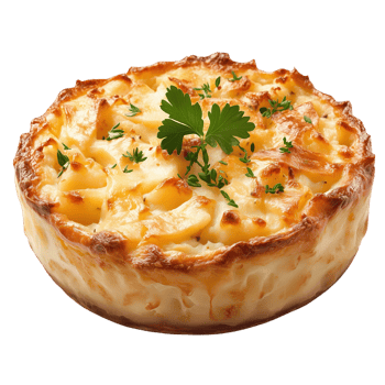 Delicious pastel de papa with golden crust and fresh herbs served on a white background png