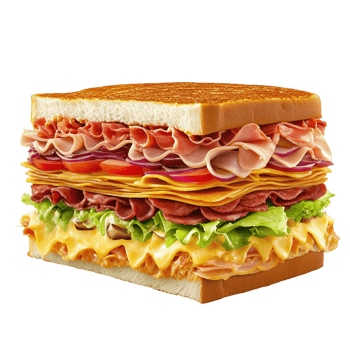Layers of fresh ingredients create a towering sandwich delight for lunchtime cravings png