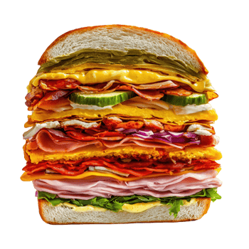 Deliciously stacked sandwich with layers of meats and cheeses for a hearty meal png