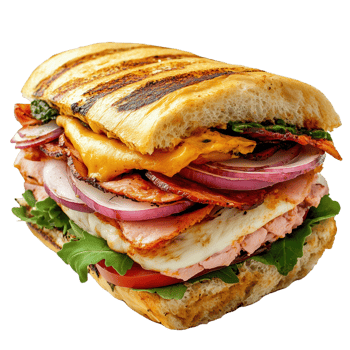 Layered sandwich with grilled ingredients and fresh veggies for lunchtime bliss png