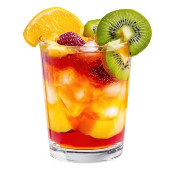 Refreshing tropical beverage served in a vibrant glass with colorful fruits png