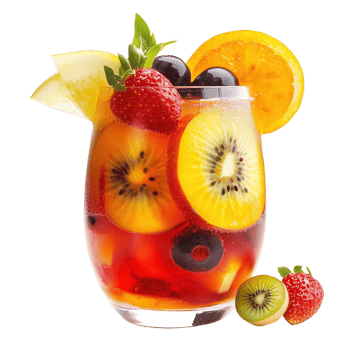Delicious fruit cocktail in clear glass garnished with mint leaves and citrus slices png