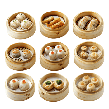 Savoring a variety of Chinese dim sum served in traditional bamboo steamers png