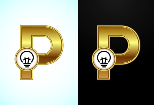 English letter P with electric bulb in gold color, Creative idea logo concept vector