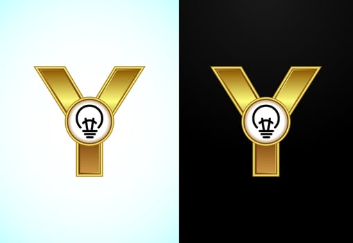 English letter Y with electric bulb in gold color, Creative idea logo concept vector
