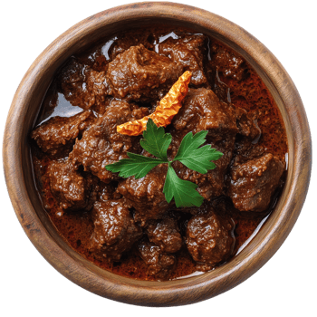 Delicious rendang beef served in a wooden bowl with garnishes png