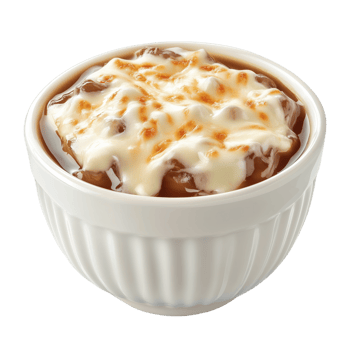 Delicious bowl of warm dessert topped with creamy layer at a cozy kitchen setting png