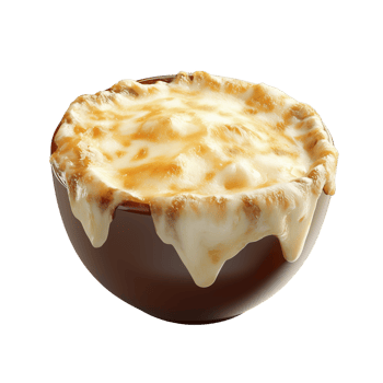 Delicious bowl of melted cheese with crispy topping served in a rustic setting png