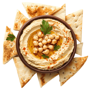 Delicious bowl of hummus served with pita bread garnished with parsley png