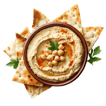 Bowl of homemade hummus with pita bread and chickpeas served on a white background png