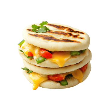 Delicious arepas stacked with fresh vegetables and melted cheese for a tasty snack png