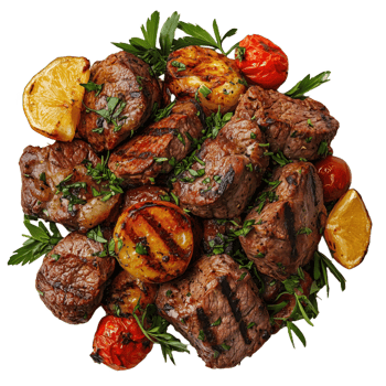 Lifelike portrayal of Brazilian grilled meat with vibrant garnishes and sides png