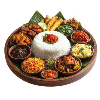 Lifelike nasi campur mixed rice served on traditional wooden platter with vibrant dishes png