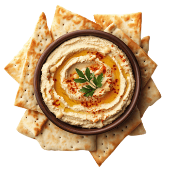 Lifelike representation of a hummus bowl with pita chips showing delicious spread png