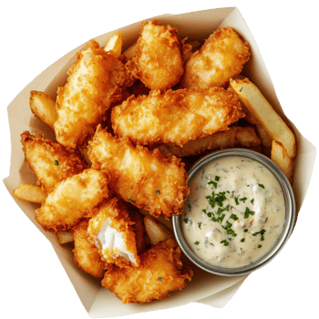 Enjoying a classic Australian fish and chips meal with tartar sauce in vibrant setting png