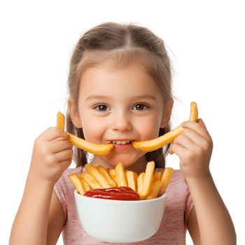 little girl eating french fries with ketchup and ketchup png