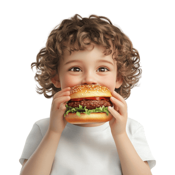cute little boy eating a hamburger on a transparent background png