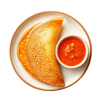 Lifelike Indian dosa served with spicy chutney on a white plate png