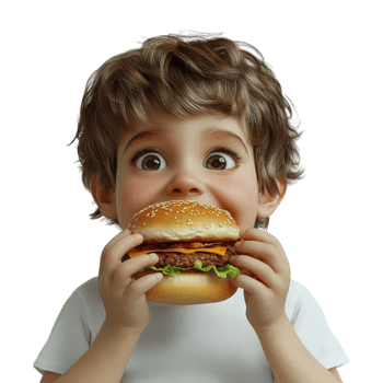 a cute little boy eating a hamburger on a transparent background png