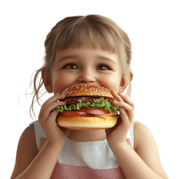 little girl eating a hamburger on a transparent background png