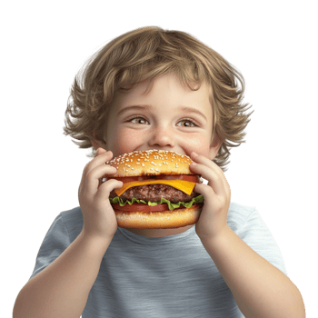 a little boy eating a hamburger on a transparent background png