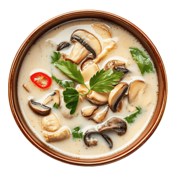 Enjoying rich tom kha soup with coconut milk and fresh ingredients in a cozy setting png
