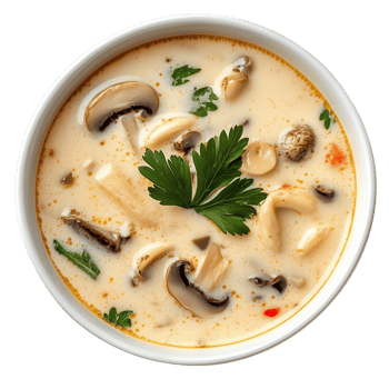 Delicious tom kha soup featuring coconut and fresh herbs in a white bowl png