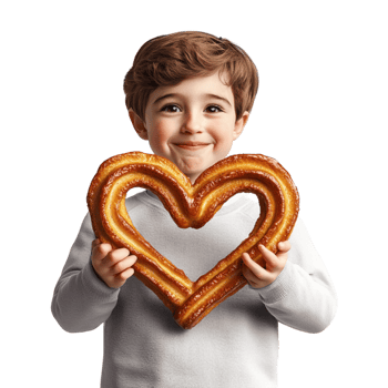 a boy holding a heart shaped churro png