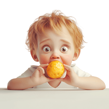 a little boy eating an orange on a table png