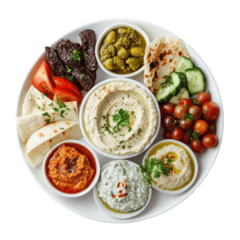 Tasty mezze platter with dips and fresh veggies on a white plate png