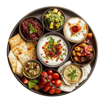 Mezze platter with fresh dips bread and tomatoes for a summer gathering png