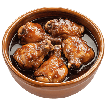 Juicy adobo chicken braised in rich sauce served in traditional bowl png