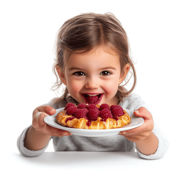 little girl eating raspberry cake on plate isolated on transparent background png