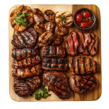 Grilled meats during a festive asado gathering in a warm outdoor setting png