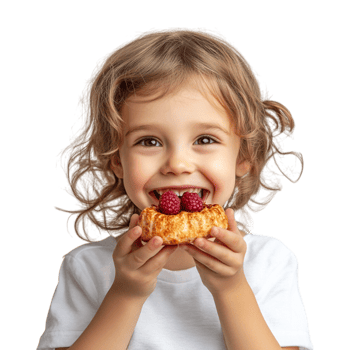 little girl eating a pastry with raspberries on it png