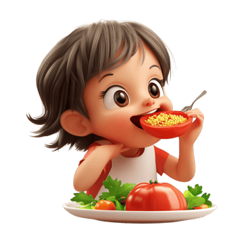 cartoon girl eating food on plate with spoon png