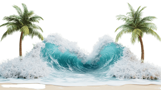 Tropical Palms Surrounded By A Massive Ocean Wave png