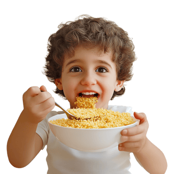 young boy eating cereal in a bowl png