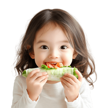 a little girl eating a salad on a transparent background png