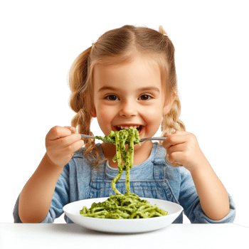 little girl eating pasta with fork and spoon png