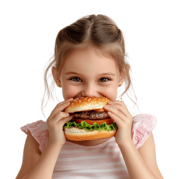 a little girl eating hamburger on transparent background png