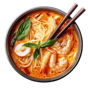 Delicious bowl of laksa with shrimp served in vibrant broth png